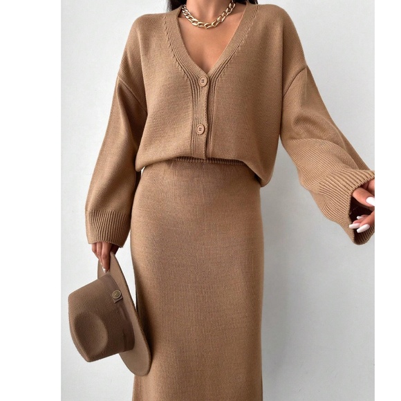 Classic Light Brown Solid Loose Fit Cardigan Midi Skirt Set